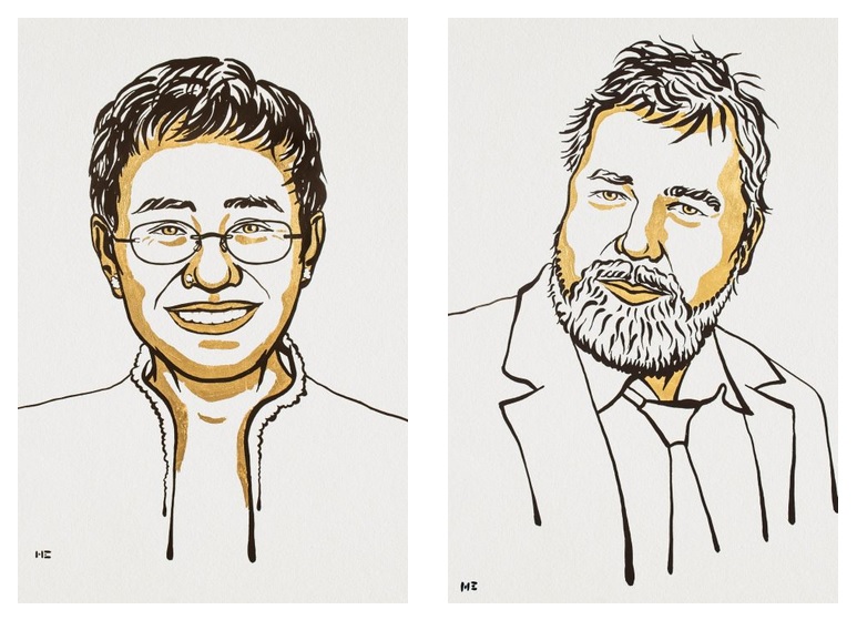 Il premio Nobel per la pace – Maria Ressa, Dimitri Muratov e, sullo sfondo, Anna Politkovskaja